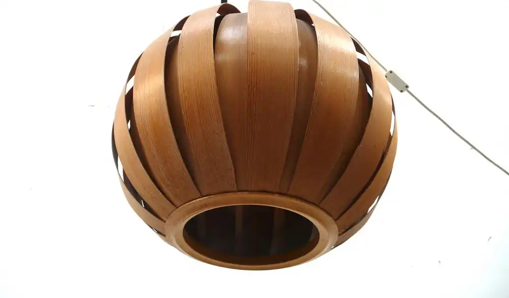 60er Rattan Kugellampe Hängelampe im Teak Ton, Mid Century Modern, Danish Modern oder German Modern 2