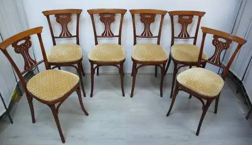 Set mit 6 Jakob & Josef Kohn Stühle Esstischstühle Esszimmerstühle Fächerlehne mit Polsterung, um 1900