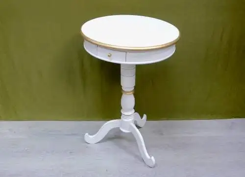 Kleiner Holz Tisch Tee-Tisch rund Antik Stil, Weiß mit Gold