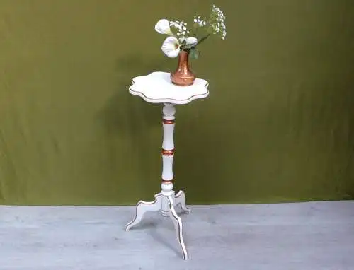 Kleiner Holz Tisch Blumensäule Beistelltisch rund Antik Stil, Weiß mit Kupfer