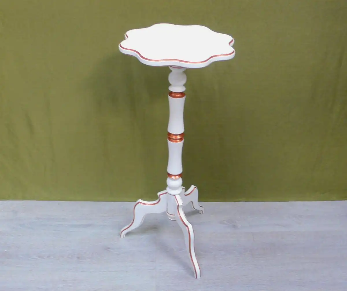 Kleiner Holz Tisch Blumensäule Beistelltisch rund Antik Stil, Weiß mit Kupfer 1