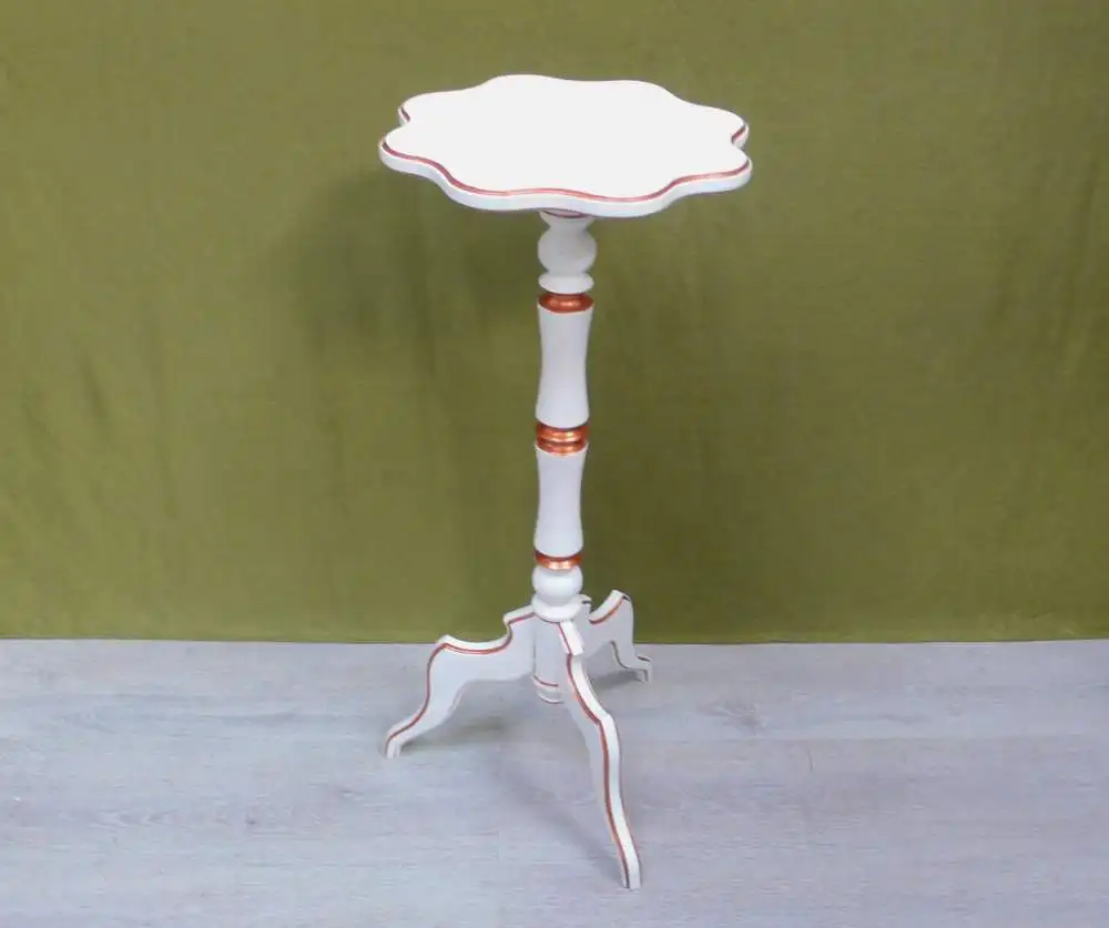 Kleiner Holz Tisch Blumensäule Beistelltisch rund Antik Stil, Weiß mit Kupfer 1