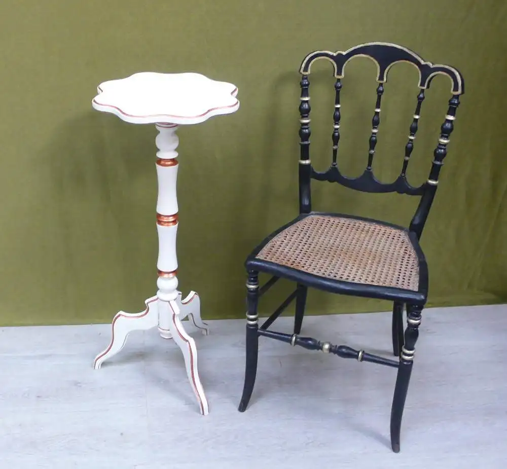 Kleiner Holz Tisch Blumensäule Beistelltisch rund Antik Stil, Weiß mit Kupfer 3