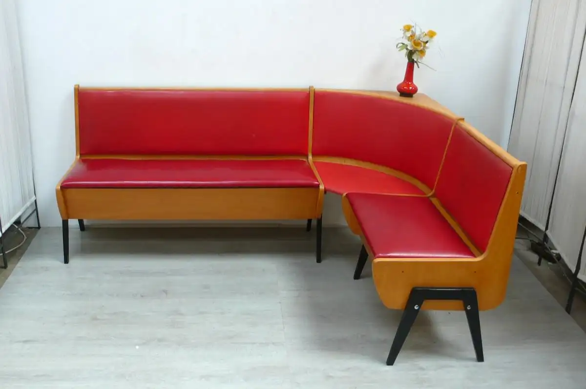 50er 60er Truheneckbank Eckbank Kücheneckbank, Buche mit Rotem Kunstleder Mid Century Modern 0