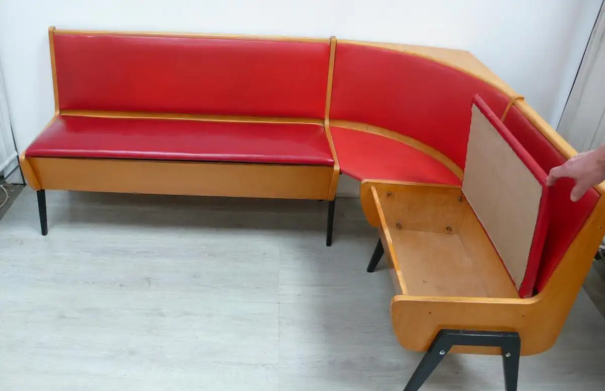 50er 60er Truheneckbank Eckbank Kücheneckbank, Buche mit Rotem Kunstleder Mid Century Modern 3