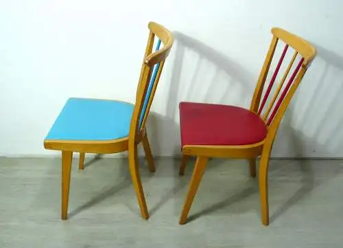 Zwei 50er 60er Sprossen Küchenstühle Buche + Rot und Türkis-Blau Kunstleder Mid Century Modern