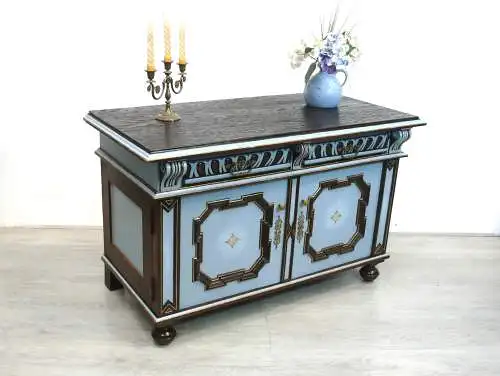 Sideboard Anrichte Jugendstil 2-türig 2 Schubladen Eiche dunkel mit Antik Blau, um 1900