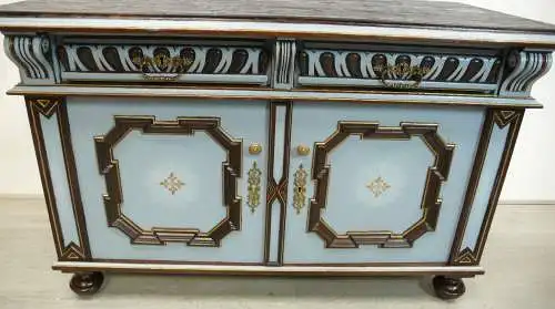 Sideboard Anrichte Jugendstil 2-türig 2 Schubladen Eiche dunkel mit Antik Blau, um 1900