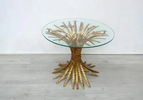 60er Hans Kögl Couchtisch Salontisch rund Metall Gold Weizenährenbund mit Glasplatte, Hollywood Regency, Made in Italy