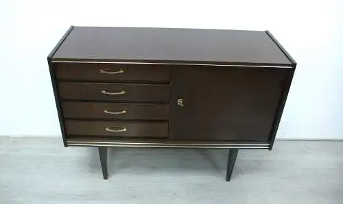 60er 70er Kommode Sideboard Nuß dunkel Hochglanz, 4 Schubladen 1 Türfach, Mid Century Modern