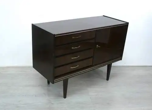 60er 70er Kommode Sideboard Nuß dunkel Hochglanz, 4 Schubladen 1 Türfach, Mid Century Modern