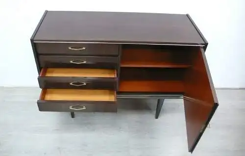 60er 70er Kommode Sideboard Nuß dunkel Hochglanz, 4 Schubladen 1 Türfach, Mid Century Modern