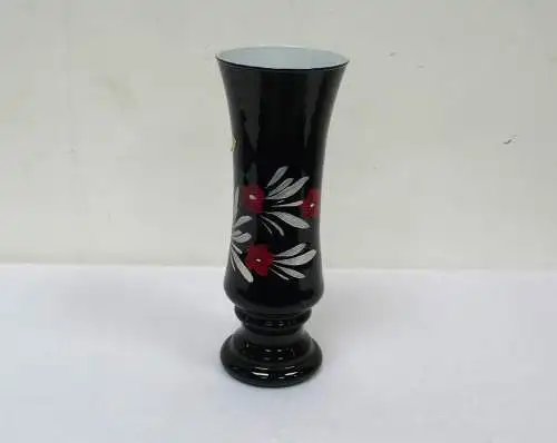 Schwarze Murano Glas Vase, Florales Muster in Rot + Weiß, 60er, Made in Italy, Mid Century Modern