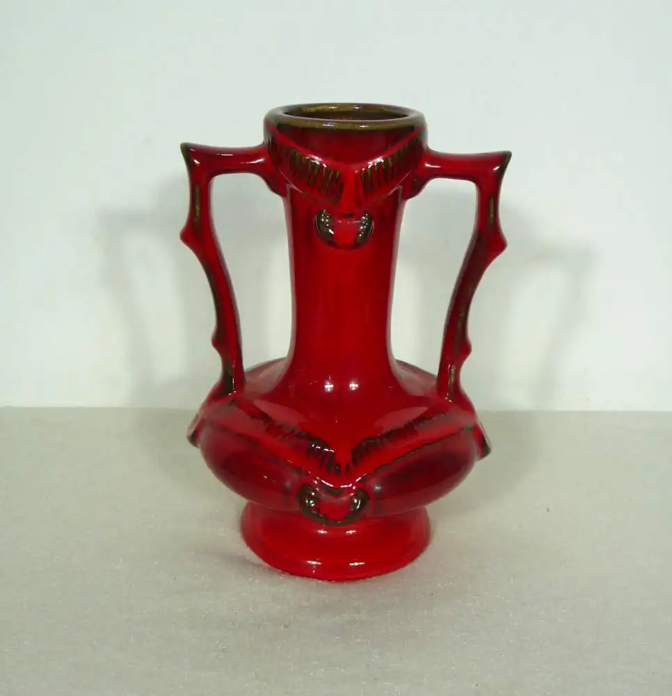 50er 60er Rote Vase Keramik Jopeko Westerwald im antiken Amphoren Stil mit 2 Griffen aus der Mid Century Ära Made in Germany 0