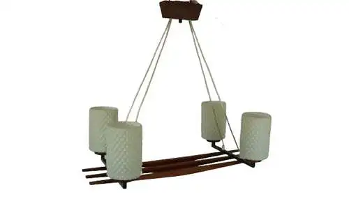 50er 60er Teak Hängelampe 4-flammig, Teak + Prismen Glasröhren German Mid Century Modern