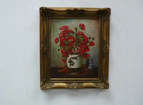 Ölgemälde Rote Rosen, in einem Keramik Topf mit Drachenzeichnung, signiert 1950, in Holzrahmen, aus Auktionshaus