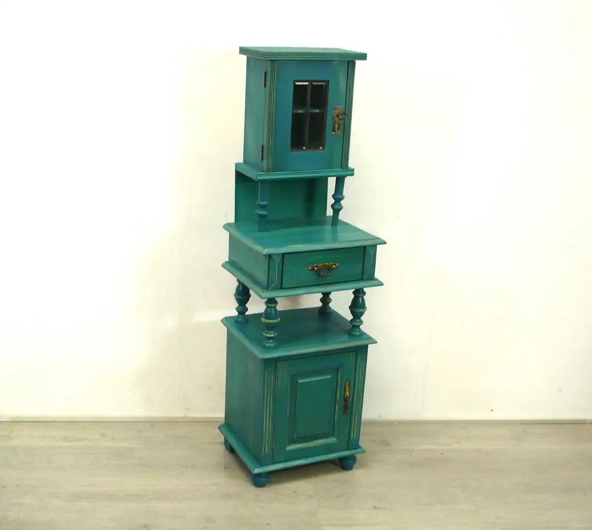 Kleiner Flurschrank / Beistellschrank / Küchenschrank / Nachttisch, Jugendstil Weichholz, Shabby Türkis 0