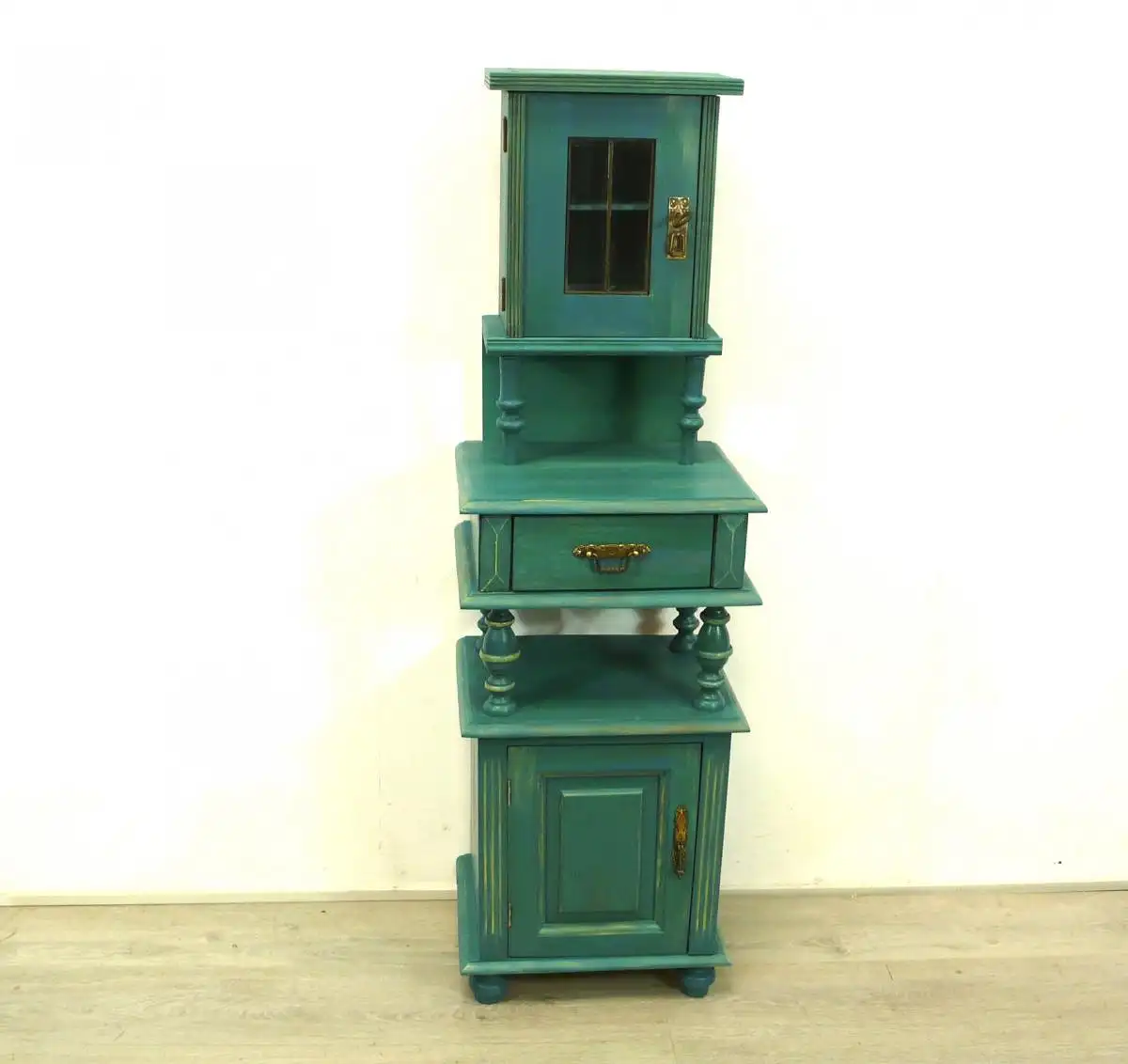 Kleiner Flurschrank / Beistellschrank / Küchenschrank / Nachttisch, Jugendstil Weichholz, Shabby Türkis 2