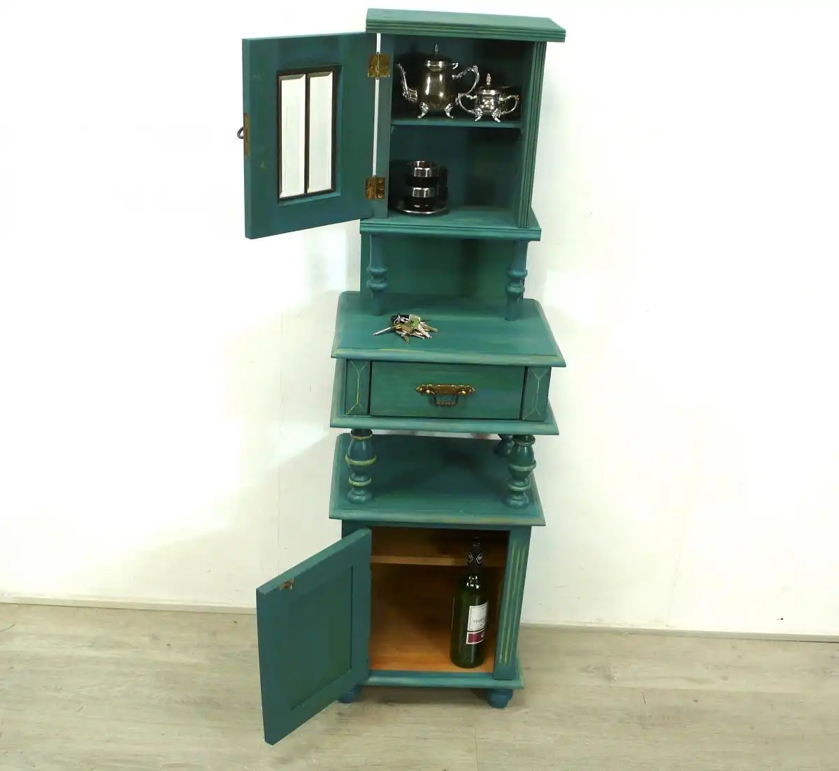 Kleiner Flurschrank / Beistellschrank / Küchenschrank / Nachttisch, Jugendstil Weichholz, Shabby Türkis 4