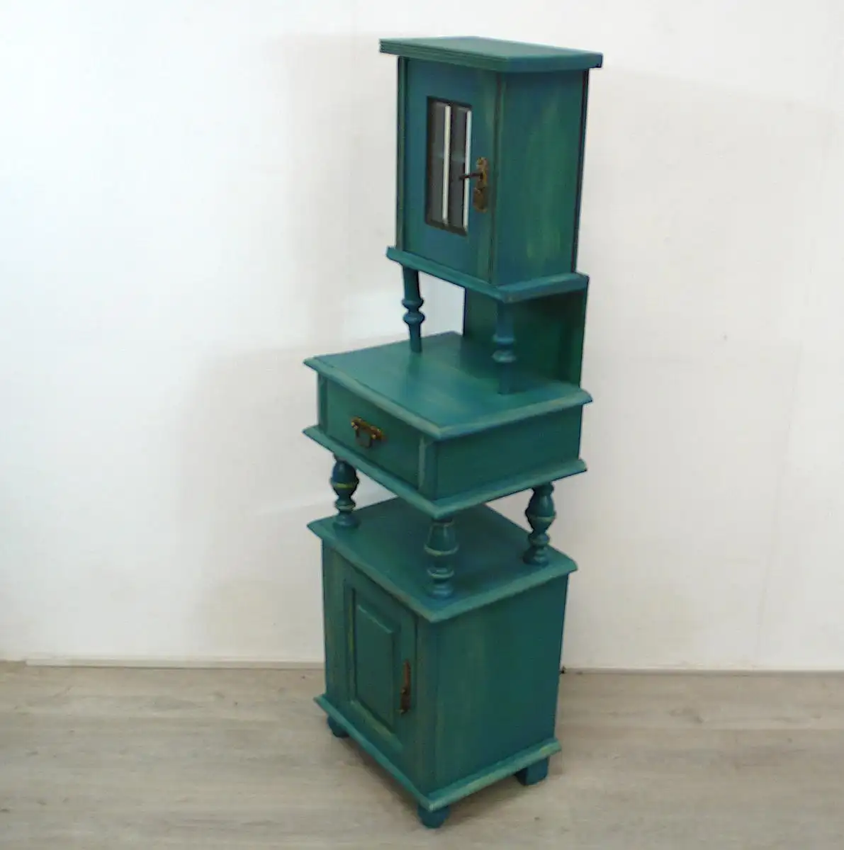 Kleiner Flurschrank / Beistellschrank / Küchenschrank / Nachttisch, Jugendstil Weichholz, Shabby Türkis 5