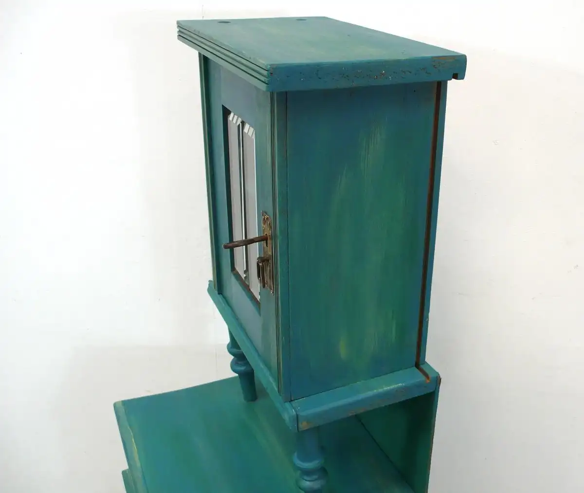 Kleiner Flurschrank / Beistellschrank / Küchenschrank / Nachttisch, Jugendstil Weichholz, Shabby Türkis 6