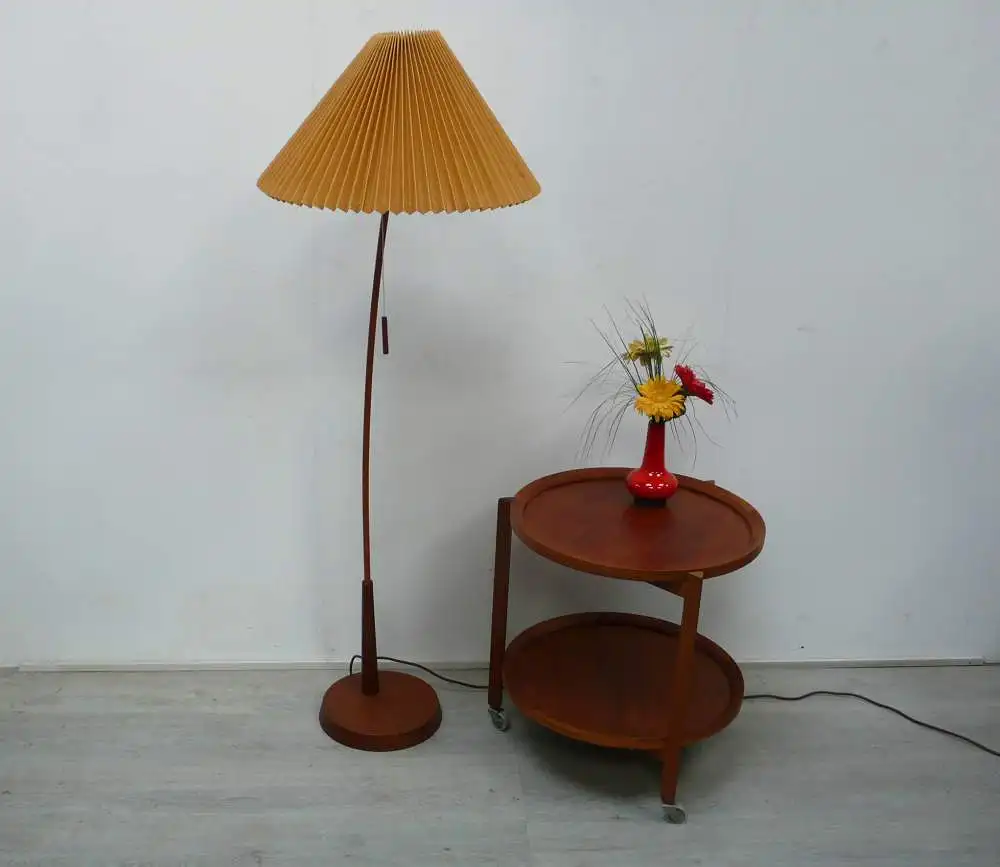 50er 60er TEAK Bogen Stehlampe mit konischem Textil Faltenschirm Mid Century Modern, SELTEN 0