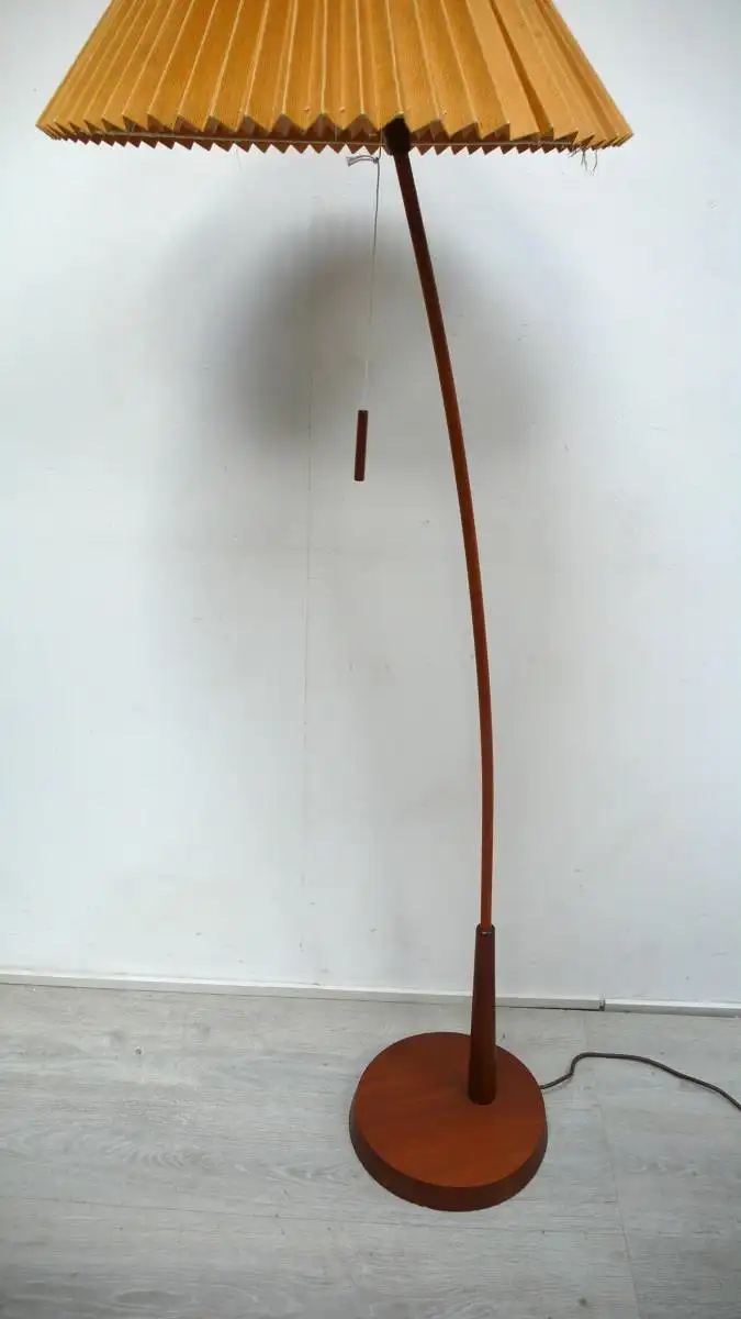 50er 60er TEAK Bogen Stehlampe mit konischem Textil Faltenschirm Mid Century Modern, SELTEN 3