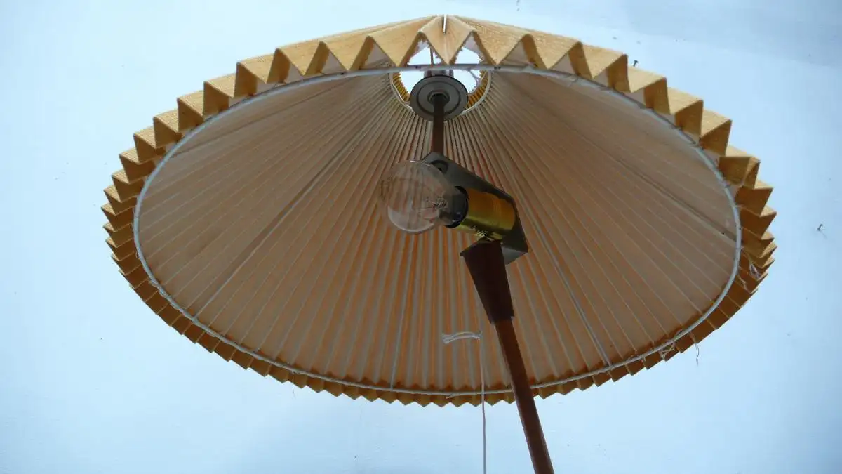 50er 60er TEAK Bogen Stehlampe mit konischem Textil Faltenschirm Mid Century Modern, SELTEN 4