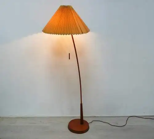 50er 60er TEAK Bogen Stehlampe mit konischem Textil Faltenschirm Mid Century Modern, SELTEN