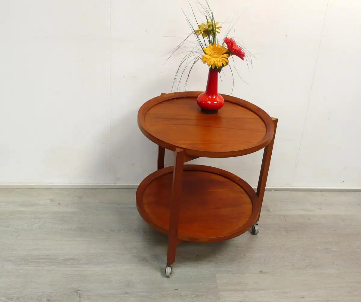 Teak Tablett Beistelltisch rund Dreieckrahmen auf Rollen Sika Mobler Danisch Modern Mid Century Modern 0