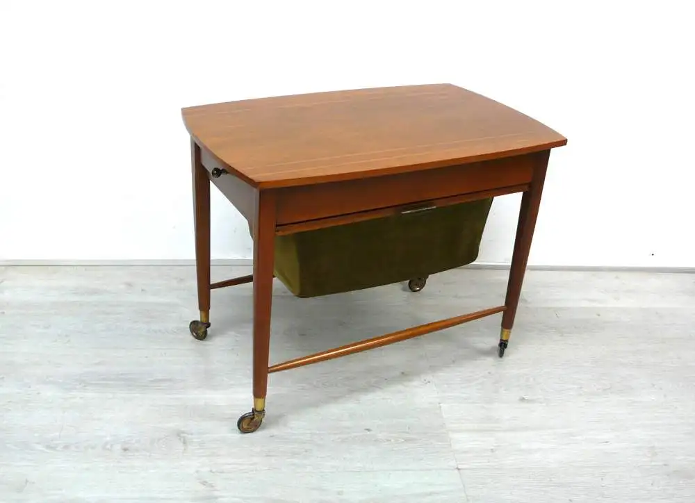 50er 60er Nähtisch Beistelltisch auf Rollen von ILSE Möbel, Schublade + Auszugs-Korb, Mid Century Modern 1