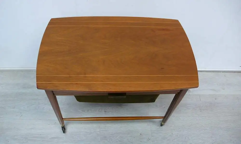 50er 60er Nähtisch Beistelltisch auf Rollen von ILSE Möbel, Schublade + Auszugs-Korb, Mid Century Modern 3