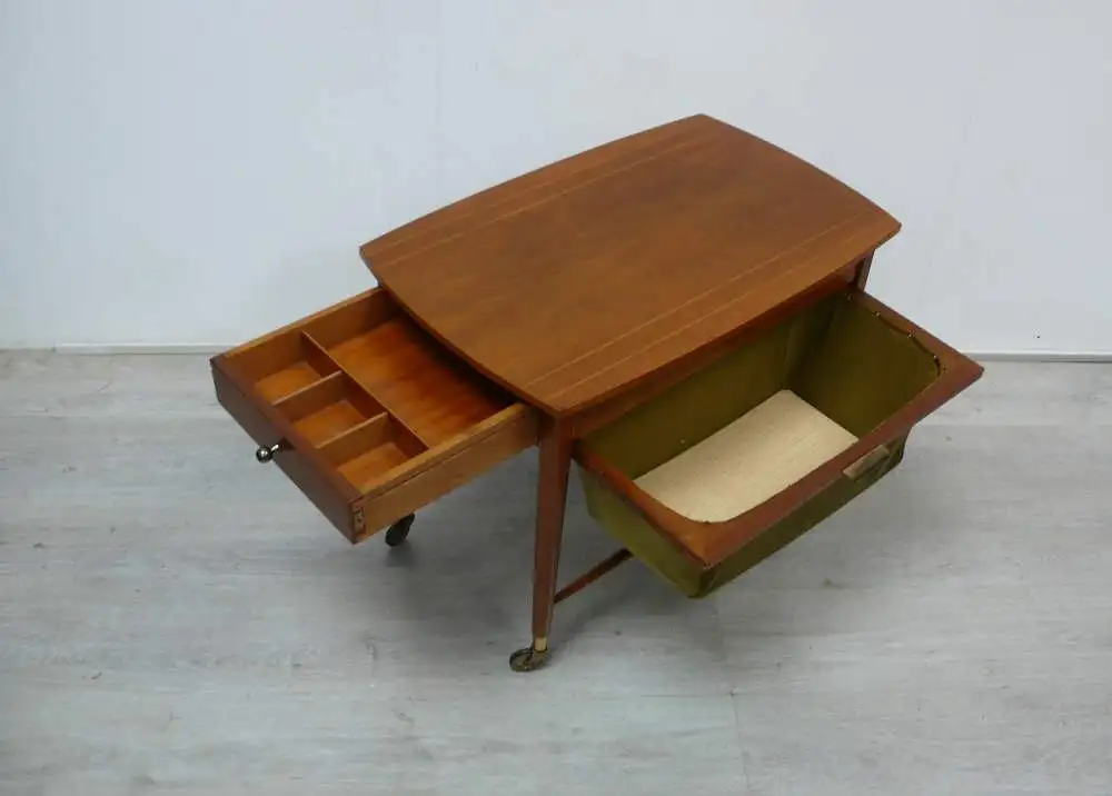 50er 60er Nähtisch Beistelltisch auf Rollen von ILSE Möbel, Schublade + Auszugs-Korb, Mid Century Modern 4