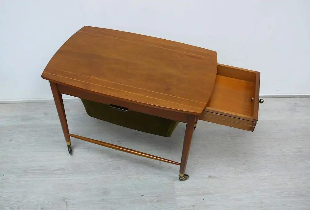 50er 60er Nähtisch Beistelltisch auf Rollen von ILSE Möbel, Schublade + Auszugs-Korb, Mid Century Modern 5