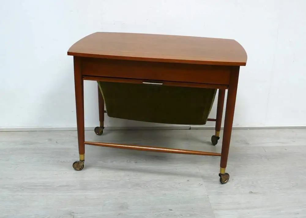 50er 60er Nähtisch Beistelltisch auf Rollen von ILSE Möbel, Schublade + Auszugs-Korb, Mid Century Modern 6
