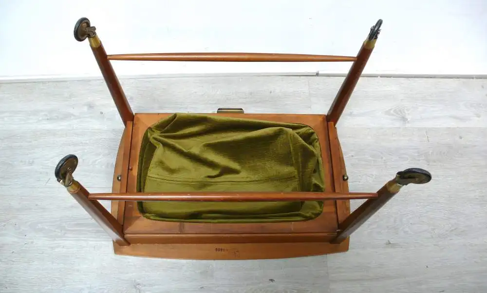 50er 60er Nähtisch Beistelltisch auf Rollen von ILSE Möbel, Schublade + Auszugs-Korb, Mid Century Modern 7