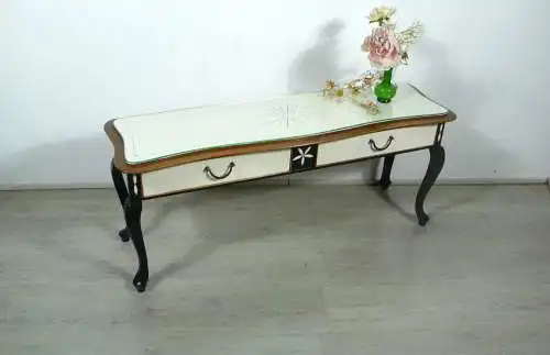 Alter Konsolentisch Flurkommode Chippendale 2 Schubladen in Schwarz+Creme-Weiß 1950er