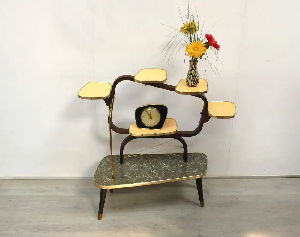 50er 60er Blumenständer groß Bugholzrahmen mit 5 Ebenen, Resopaloberflächen Original Zustand Mid Century Modern 0
