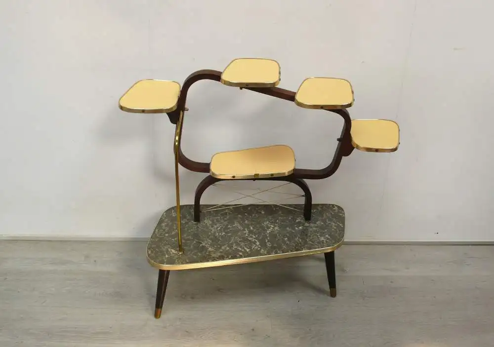 50er 60er Blumenständer groß Bugholzrahmen mit 5 Ebenen, Resopaloberflächen Original Zustand Mid Century Modern 1