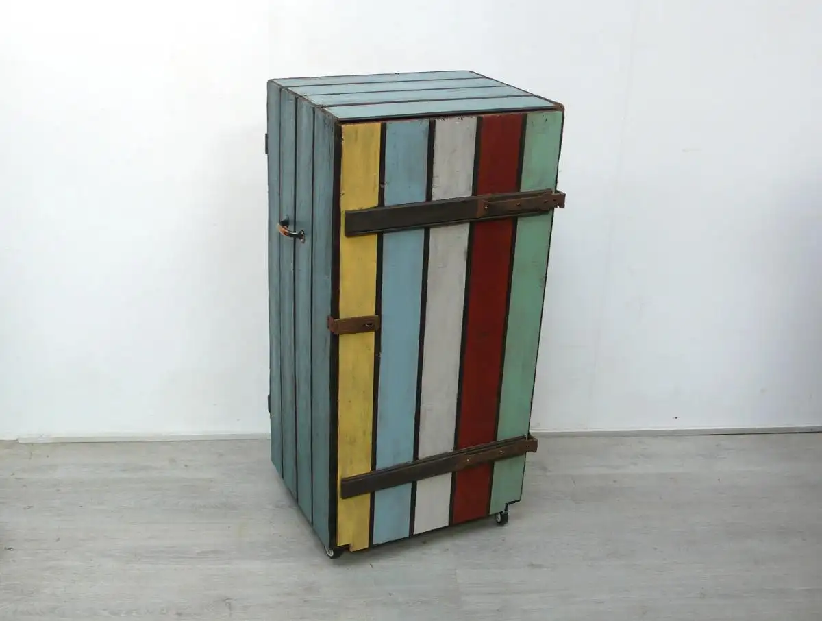 Holzschrank 1trg aus alter Kartoffel Holzkiste auf Rollen, Shabby Blau + Bunt, handbemalt 1