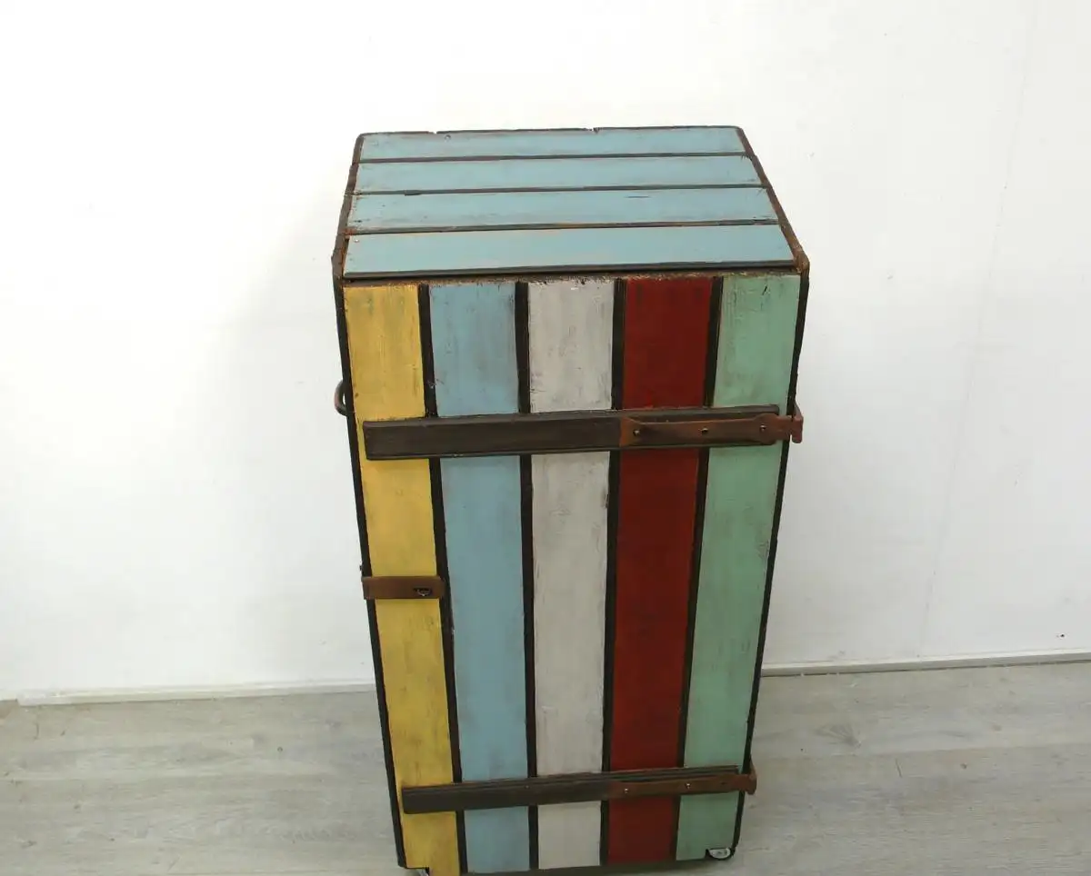 Holzschrank 1trg aus alter Kartoffel Holzkiste auf Rollen, Shabby Blau + Bunt, handbemalt 3