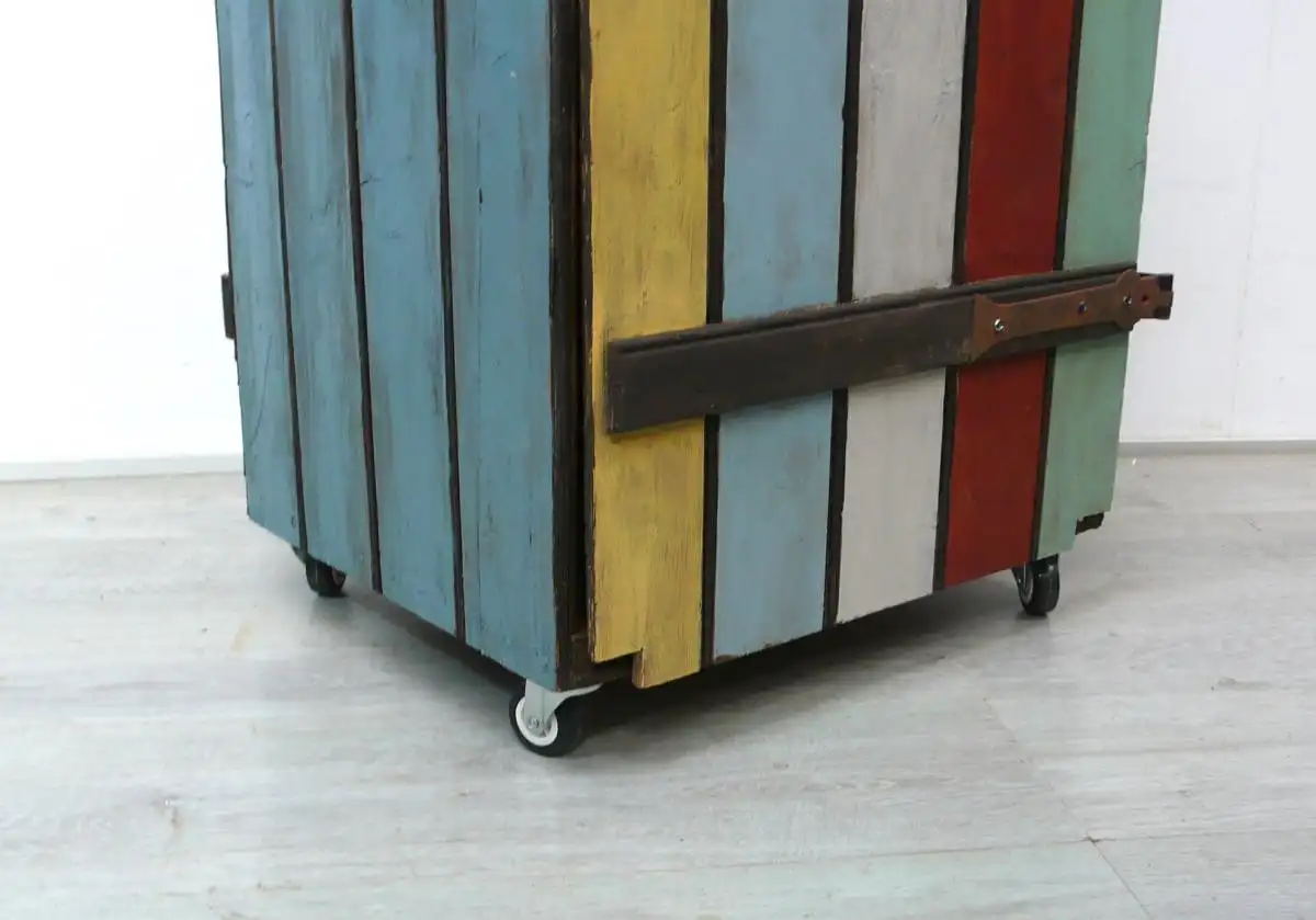 Holzschrank 1trg aus alter Kartoffel Holzkiste auf Rollen, Shabby Blau + Bunt, handbemalt 7