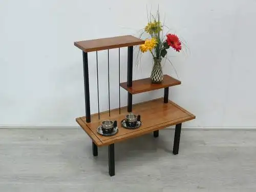 60er 70er Blumenständer 3 Ebenen, rechteckig, Nußbaum + Schwarz, Mid Century Modern