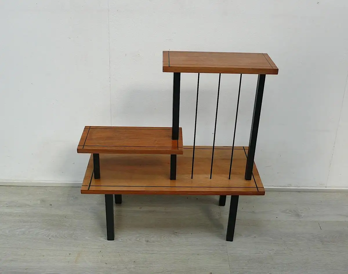 60er 70er Blumenständer 3 Ebenen, rechteckig, Nußbaum + Schwarz, Mid Century Modern 5