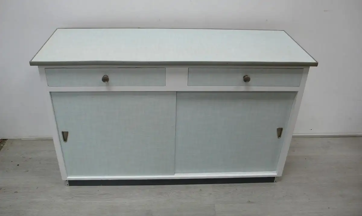 50er Küchen Anrichte, schmaler Unterbau, 2 Schiebetüren 2 Schubladen, Weiß mit Resopal 1