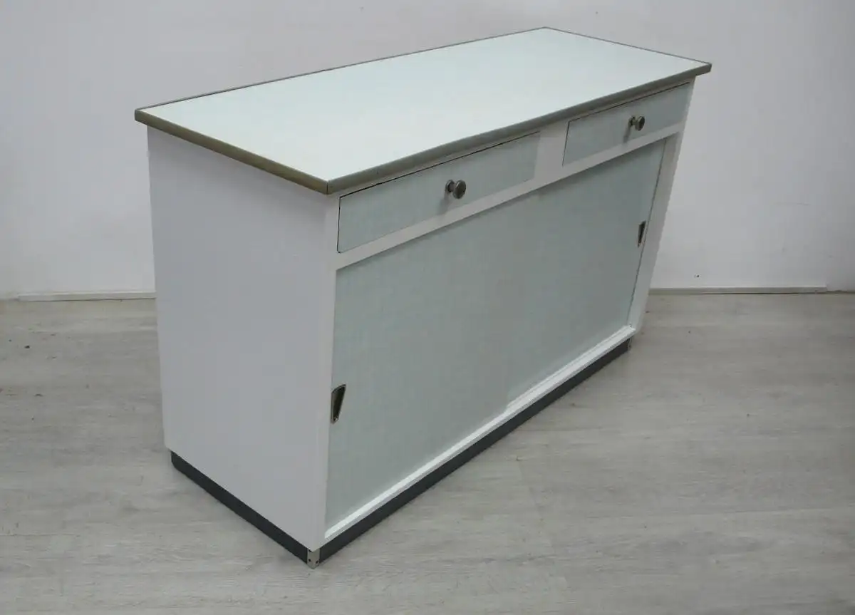 50er Küchen Anrichte, schmaler Unterbau, 2 Schiebetüren 2 Schubladen, Weiß mit Resopal 2