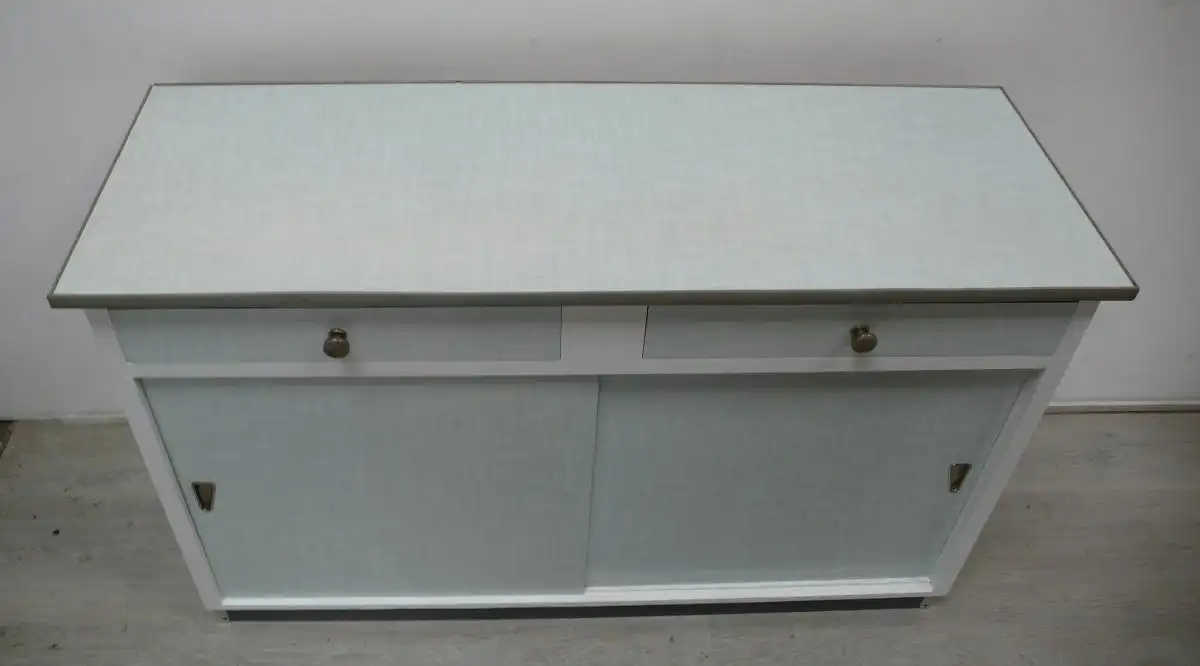 50er Küchen Anrichte, schmaler Unterbau, 2 Schiebetüren 2 Schubladen, Weiß mit Resopal 3