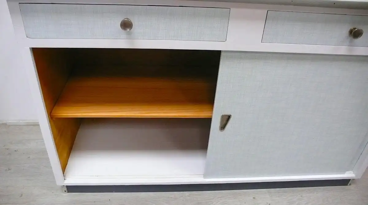 50er Küchen Anrichte, schmaler Unterbau, 2 Schiebetüren 2 Schubladen, Weiß mit Resopal 5