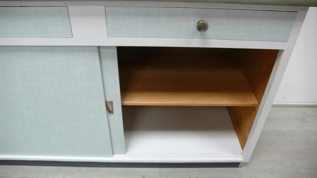 50er Küchen Anrichte, schmaler Unterbau, 2 Schiebetüren 2 Schubladen, Weiß mit Resopal 6