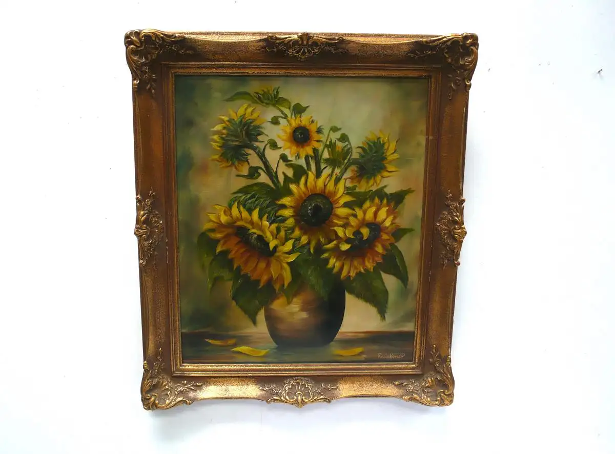 Ölgemälde Sonnenblumen in goldenem Holzrahmen, signiert Reinhardt um 1950 0